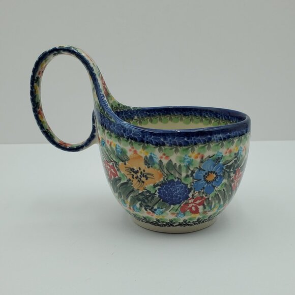 Polish Pottery Floral Loop Handle Bowl Multicolor Handled Soup Chili Bowl - Picture 4 of 8